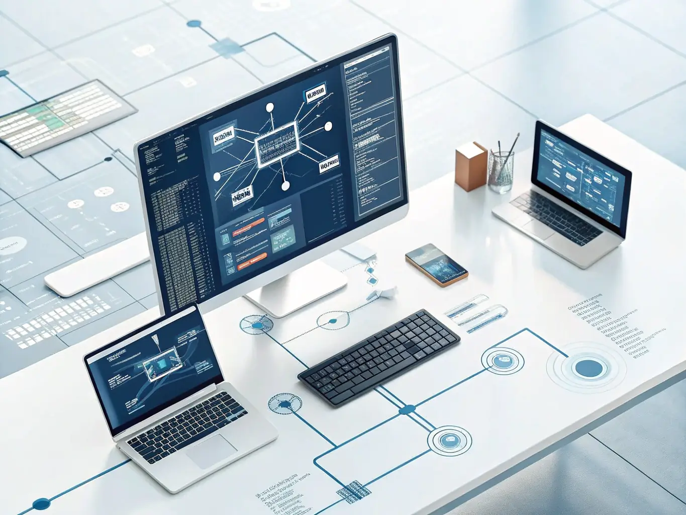 An image illustrating various systems connected and communicating through AI, symbolizing seamless integration.